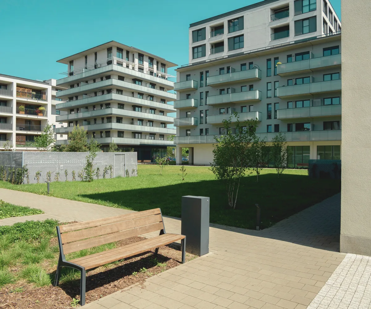 Apartment homes around a shared green space