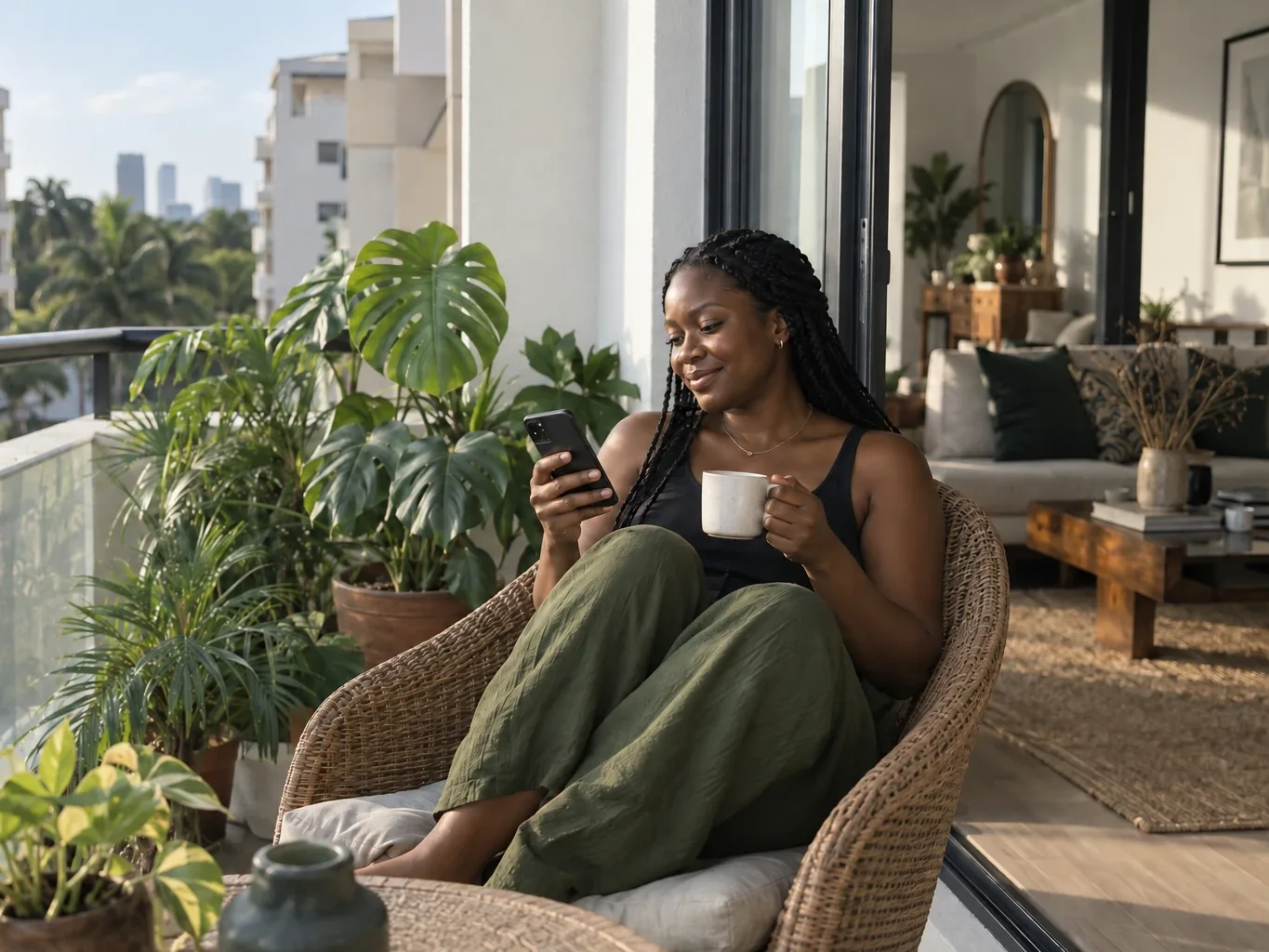 A resident relaxing on her apartment balcony with a cup of tea, smiling at her phone.