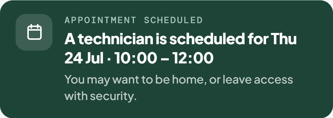 An appointment card from the OurArea resident app: a technician is scheduled for Thursday 24 July, 10:00 to 12:00.