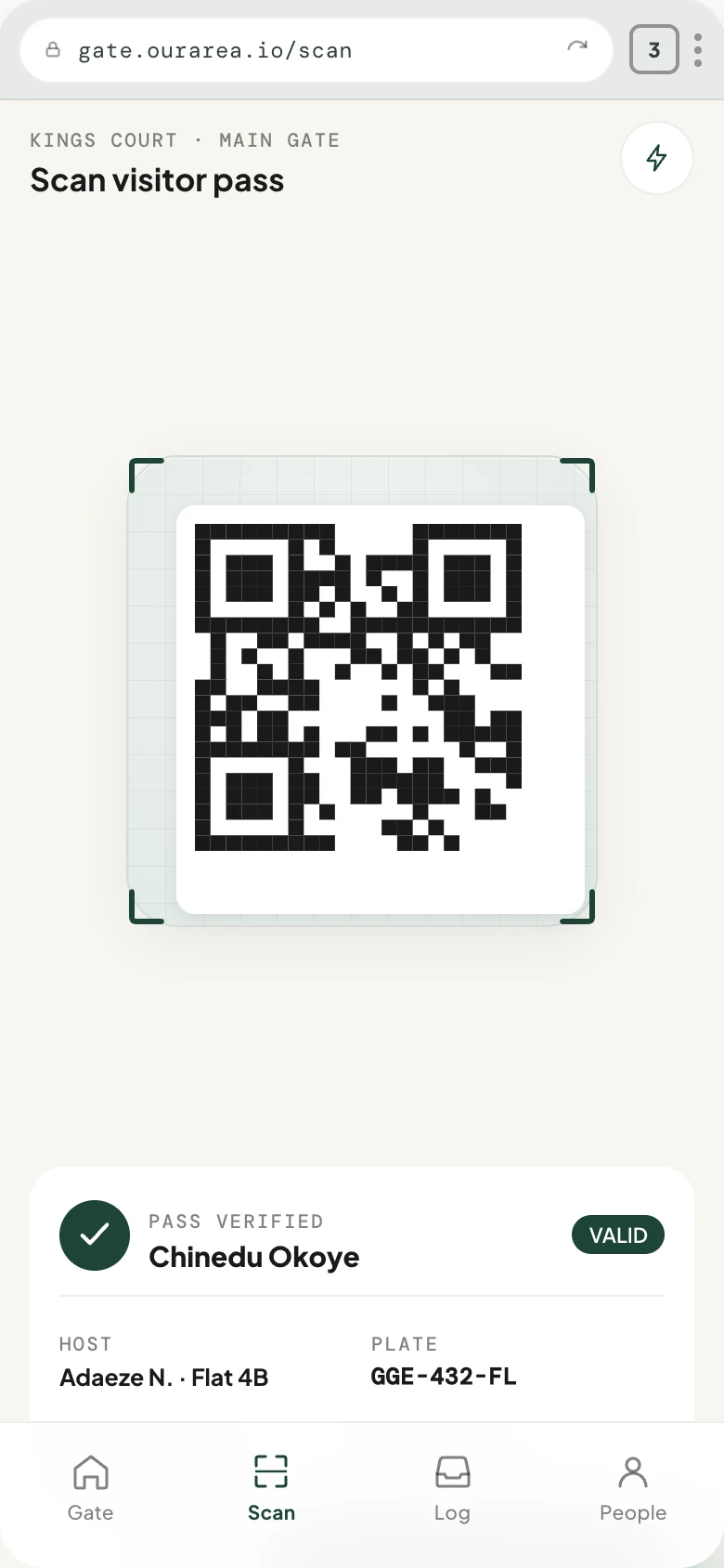 The gate scanner in a phone browser, showing a verified pass for Chinedu Okoye with the host and plate.