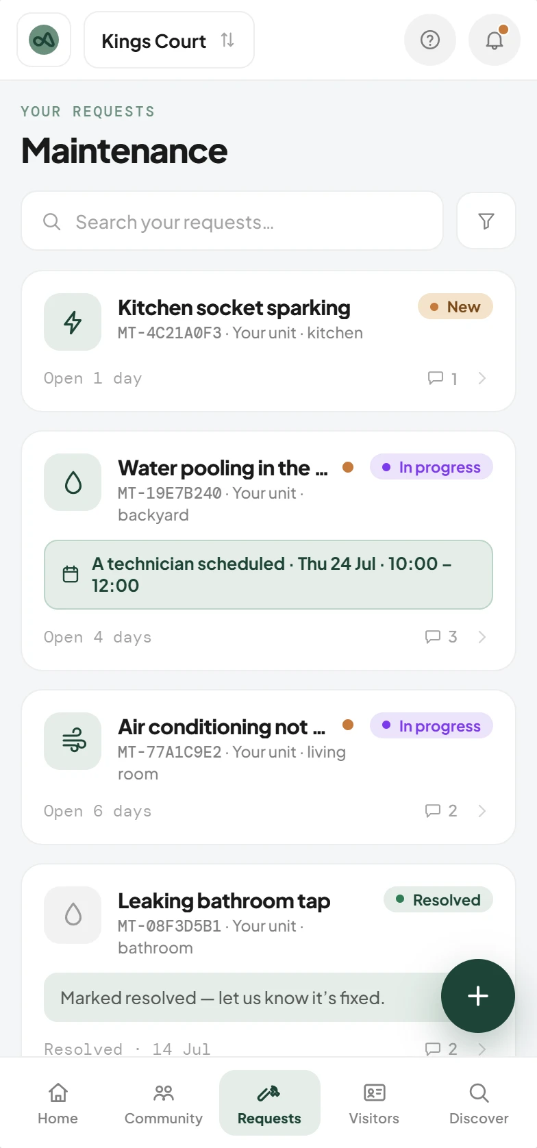 A resident's maintenance requests in a phone browser: new, scheduled, in progress and resolved.