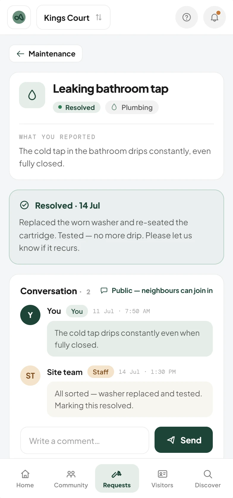 A resolved maintenance request in a phone browser, with the team's resolution note.