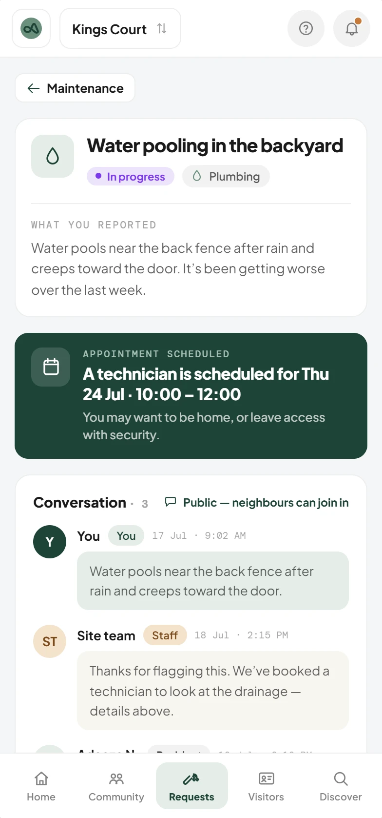 A maintenance request in a phone browser, with the scheduled appointment shown prominently.