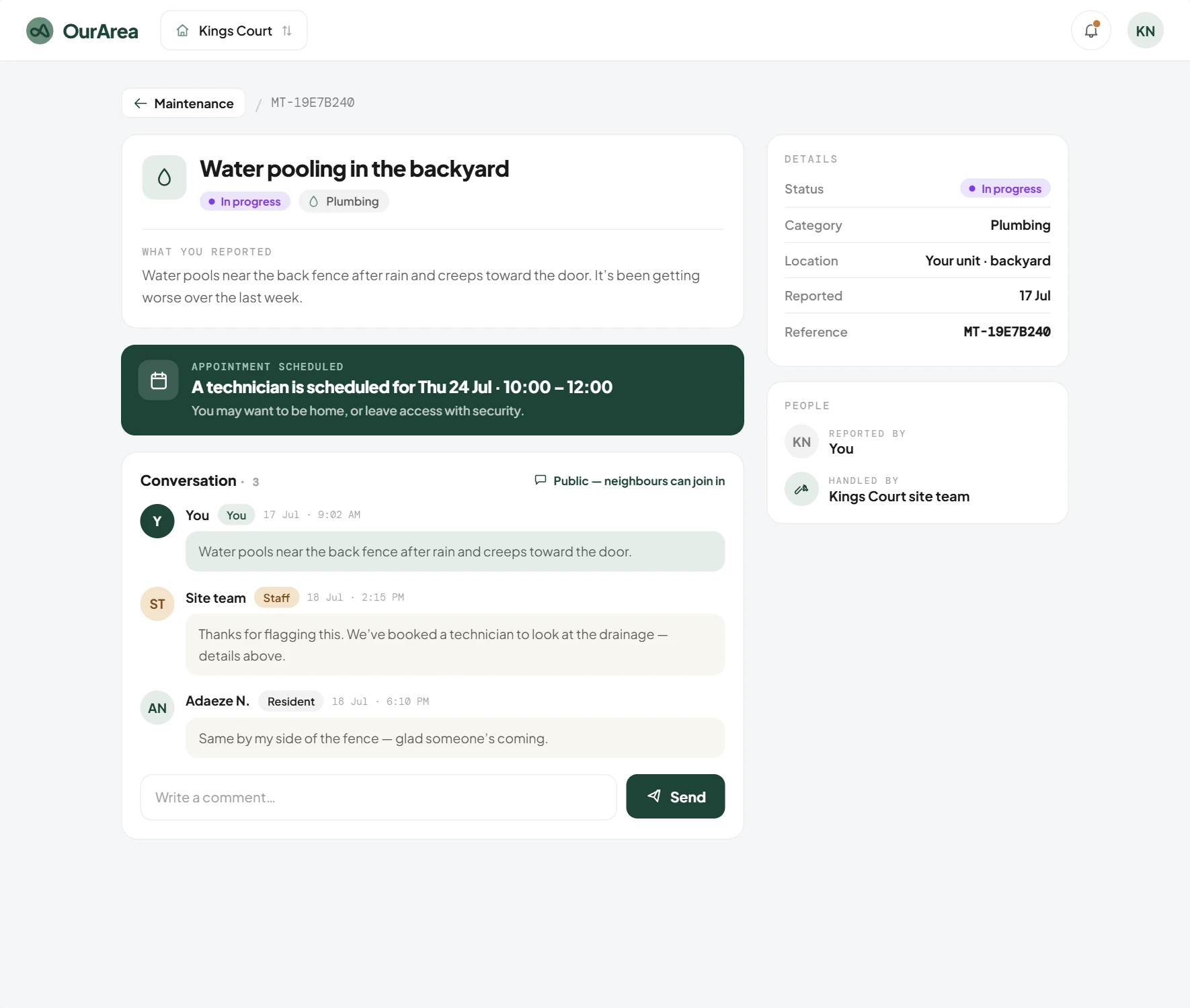 A maintenance request in progress with an appointment scheduled for Thursday 24 July, 10:00 to 12:00, and the conversation with the site team.